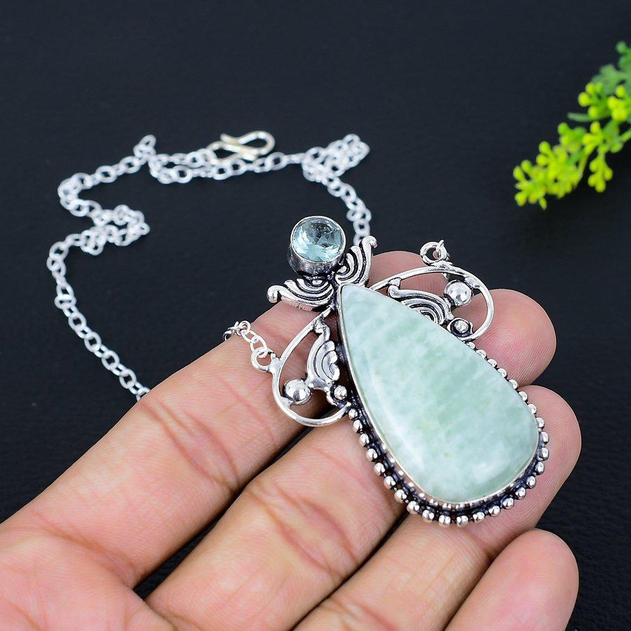 Amazonite, Blue Topaz Gemstone Handmade Ethnic 925 Silver Necklace 18" g2k13