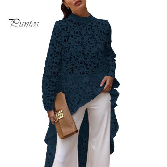 

Женское длинное платье с вырезом сверху, нерегулярным вязанием крючком, кружевом, цветочным узором, прозрачной короткой передней частью и длинной задней частью, с полувысоким воротником и длинными рукавами S