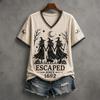Women's Casual V-Neck Short Sleeve T-Shirt with Halloween Print and Shoulder