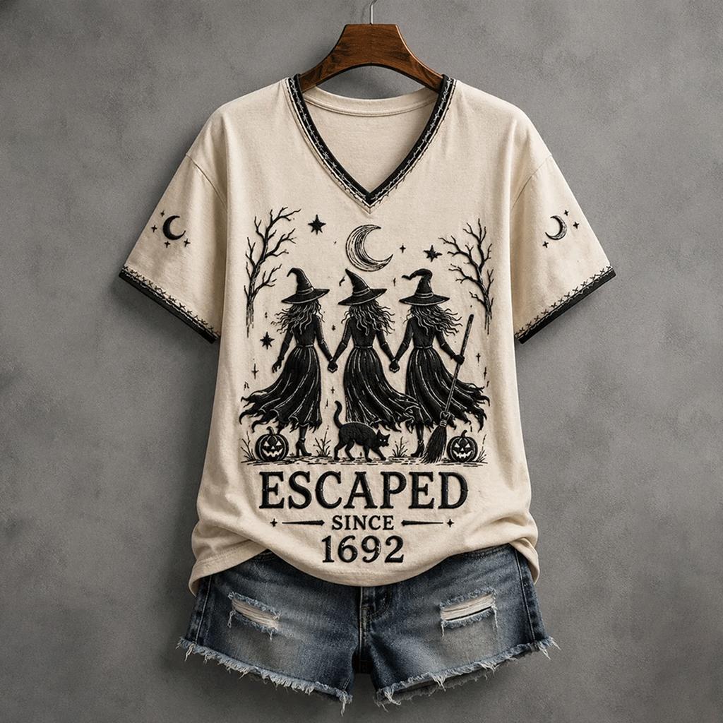 Women's Casual V-Neck Short Sleeve T-Shirt with Halloween Print and Shoulder