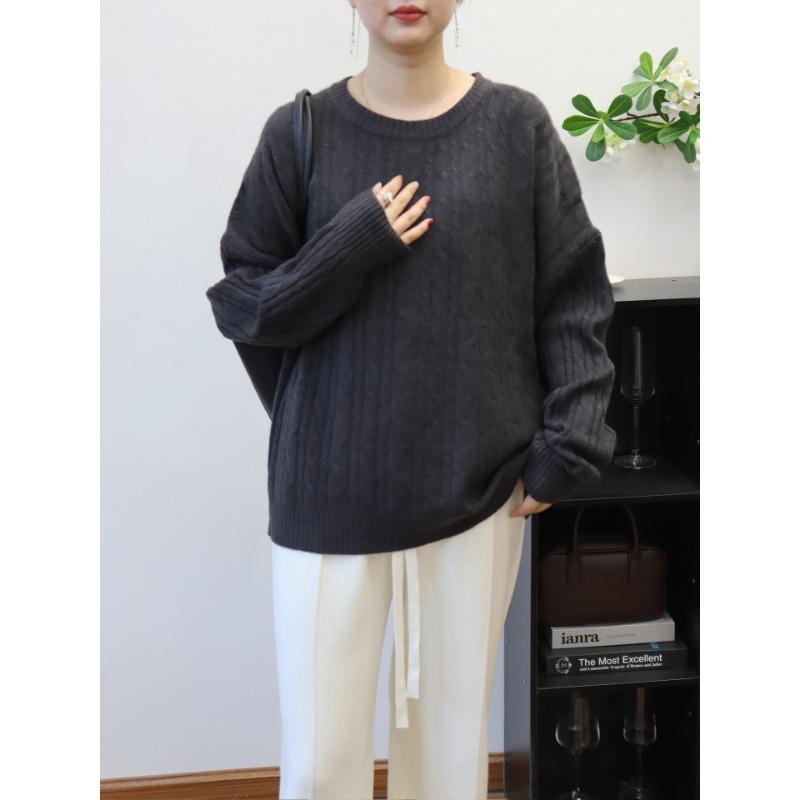 Retro twist crew neck soft waxy knitted sweater top autumn and winter new loose sweater pullover inside women