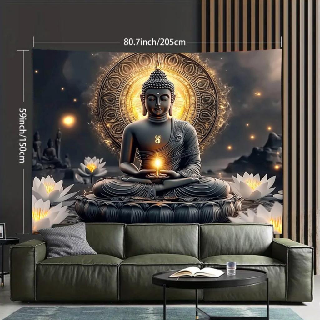 Buddha Tapestry, Meditating Buddha with Lotus and Mandala, Spiritual Wall Hanging for Living Room Bedroom Decor