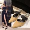 Fashion Size 35-46 Women Kitten Heels Mules Golden Rivet Summer Sandals Fashion Beige Pointed Toe Ladies Casual Med Heels Shoes