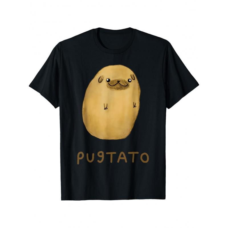 PUGTATO Funny Cartoon T-Shirt - Cute Black Tee Featuring Round Pug-Potato Character with Wrinkled Face and Mustache, Unique Playful Design, Ideal for