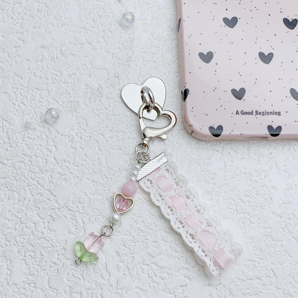 Cute Strawberry and Butterfly Phone Charm Charming Lace and Bead Keychain Phone Strap with Strawberry and Tulip Ornament