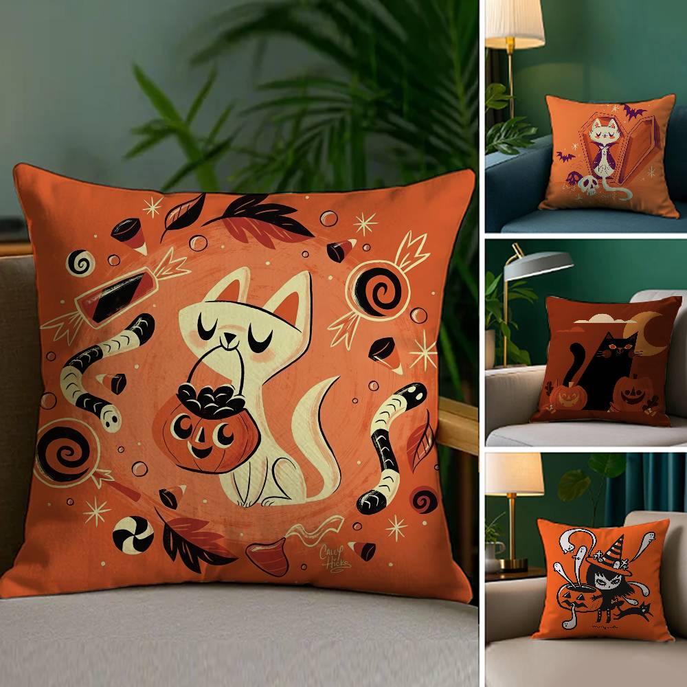 Halloween Cute Lively Orange Cat Pillow Case Plush Fabric Soft Double Sided Print Sofa Cushion Cover Throw Pillow Covers