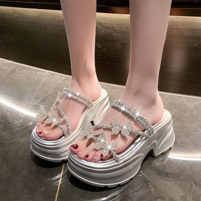 Mode NEU Lässige 7CM Keilabsatz Hausschuhe Damen Sommer Kristall Schmetterling Plateau Sandalen Frau Zehenfrei Bequeme Weibliche Klobige Schuhe