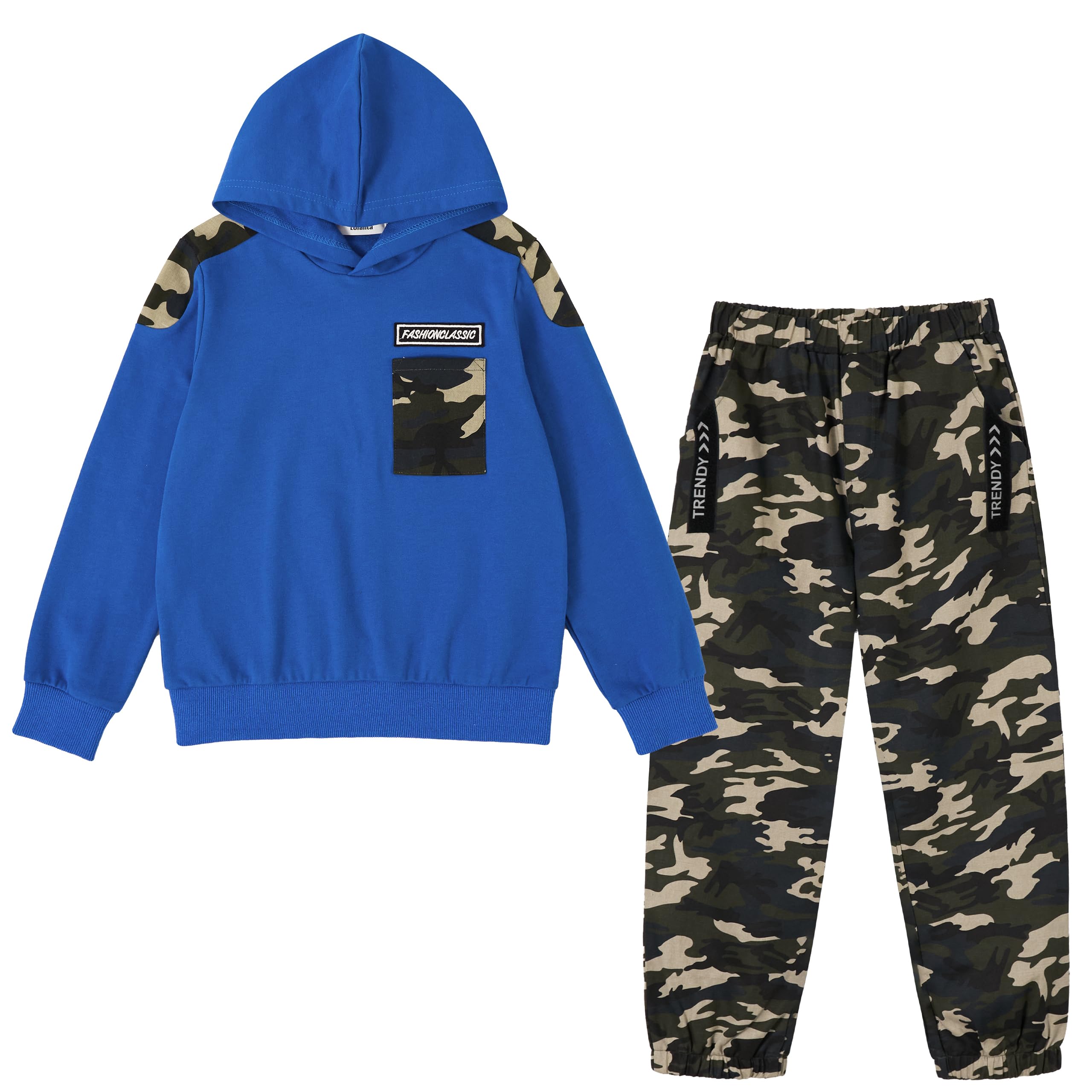 

LOLANTA Boys Long Sleeve Hooded Top and Bottom Set, Casual Camouflage, Blue, Size 160