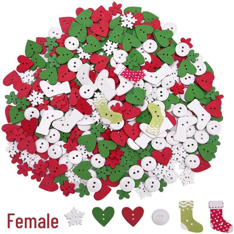 Christmas Tree & Elk Wood Decorative DIY Buttons Set: Printed Gloves & Colorful Designs