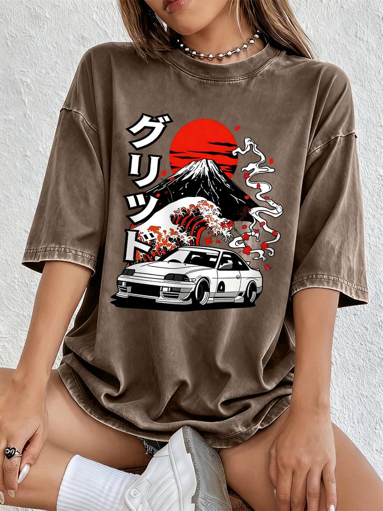 Nippon Jdm Car Grid Cotton Washed TShirts Women Summer Oversized T Shirt ONeck Comfortable Distressed Tops Basic Women Clothes