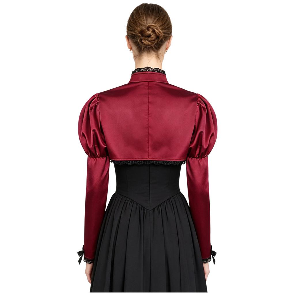 Women Victorian Gothic Bolero Shrug Floral Lace Trim Stand Collar Long Puff Sleeve Front Lacing Crop Cardigan Shawl for Vampire Cosplay Costume