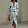 Printed dress women's spring and summer long-sleeved dress new fashion lace-up deep v-neck medium and long dress