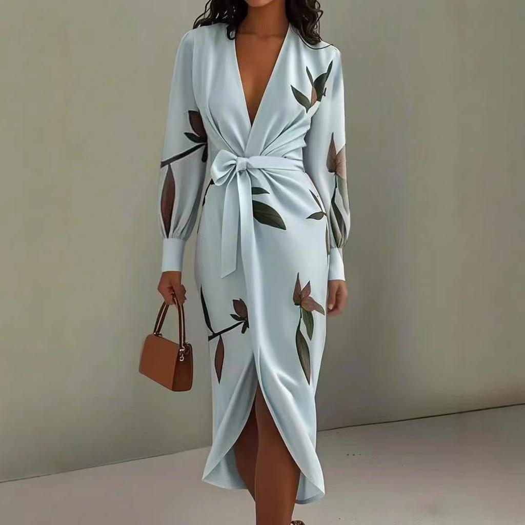 Printed dress women's spring and summer long-sleeved dress new fashion lace-up deep v-neck medium and long dress