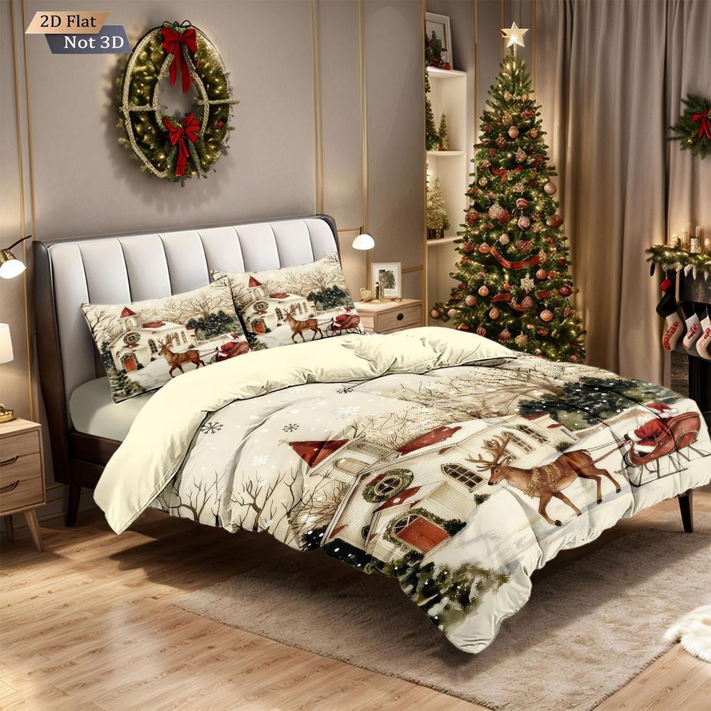 3pcs Christmas Town Print Chipless Bedding Set Multi Size Bedroom and Dormitory Duvet Covers Soft Machine Washable Decoration