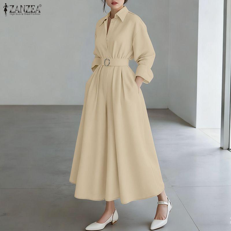 ZANZEA Women Turn Down Collar Loose Casual Long Sleeve Shirt Dress