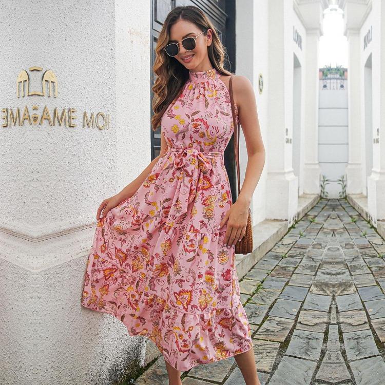 Vintage Potisk Halter Bez Rukávů Dlouhé Šaty Dámské Jaro Léto Dovolená Šněrovací Ramínka S-XL