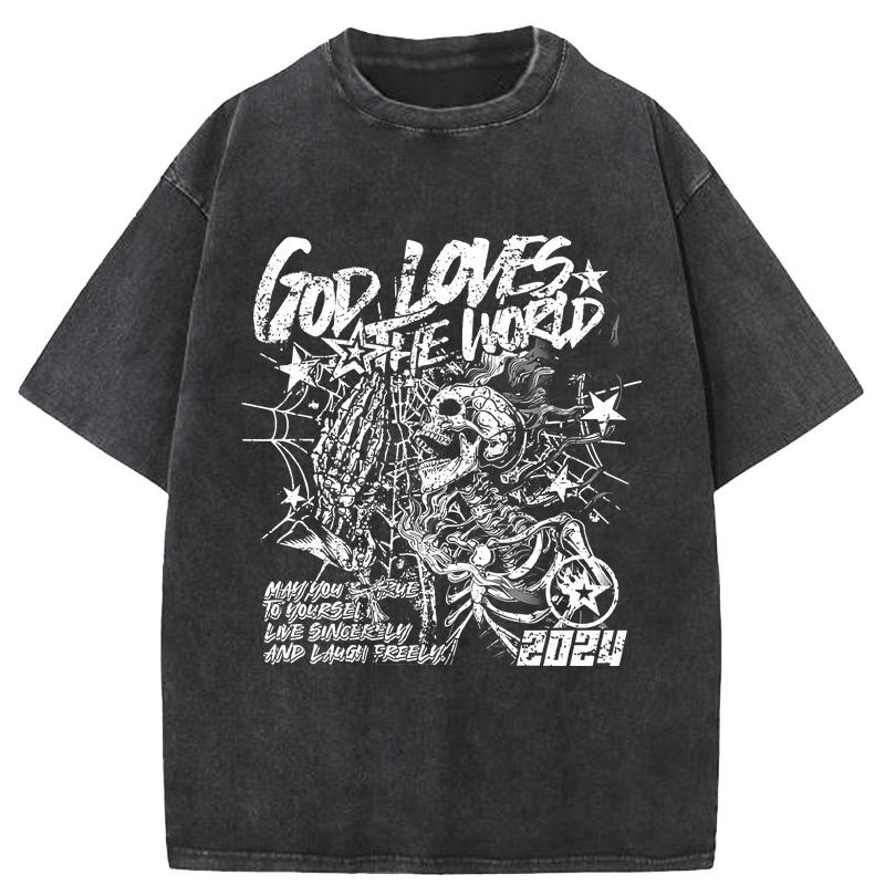 YK Tshirt Retro Gods Will Skull Retro Pattern Cotton Printed Graphic Men and Women Oversized Tshirt Street Wear Tops