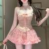 Womens Sweet Heavy-duty 2 Piece Set Floral Corset Crop Top Flared Mini Skirt 2025