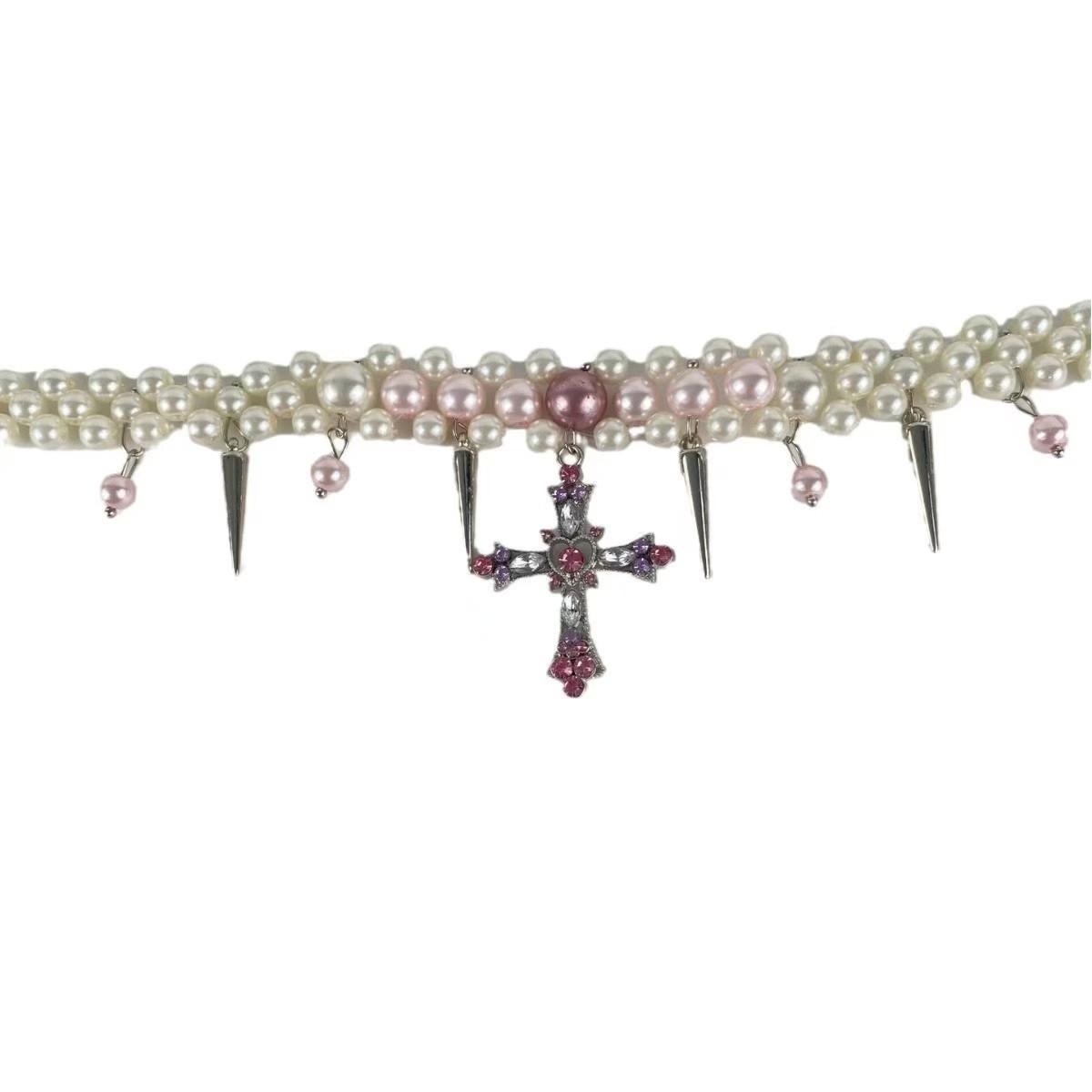 

European and American pink purple pearl multi-layer cross necklace choker niche design personalized high-end retro fashion jewelry