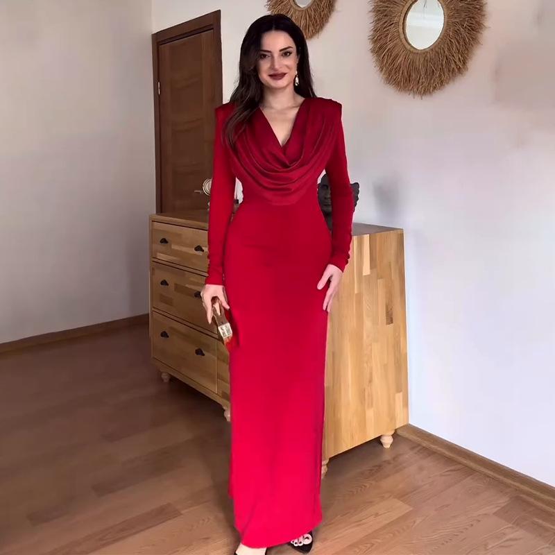 

Элегантное облегающее платье-футляр с V-образным вырезом и длинными рукавами - Однотонное (Европейский и американский стиль 2025) Extra Small красный