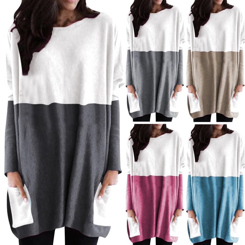 Women Fashion Casual Long Sleeve Patchwork Pockets Loose Tops Blouse