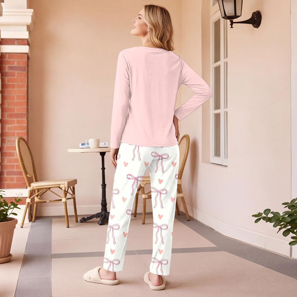 Women's Casual Printed Pajama Set with Round Neck and Loose Fit for Sleep and Lounging