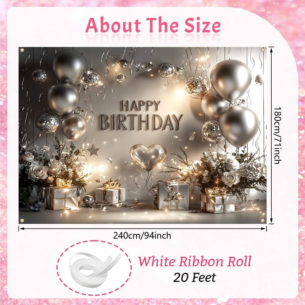 1Pcs Happy Birthday Silvery White Balloons Decoration Background Backdrop For Photo Studio Photo Booth Party