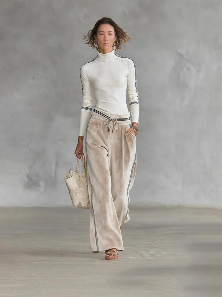 Women's Autumn Winter Fashion Casual Sports Set Korean Velvet Long Sleeve Solid Color High Neck Zipper Wide Leg Pants