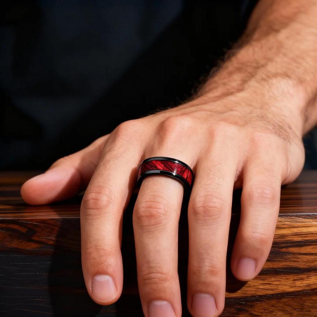 with Red Abalone Shell Inlay Rings Fashion 8mm Black Men Stainless Steel Ring for Men Wedding Band Jewelry Drop Shipping