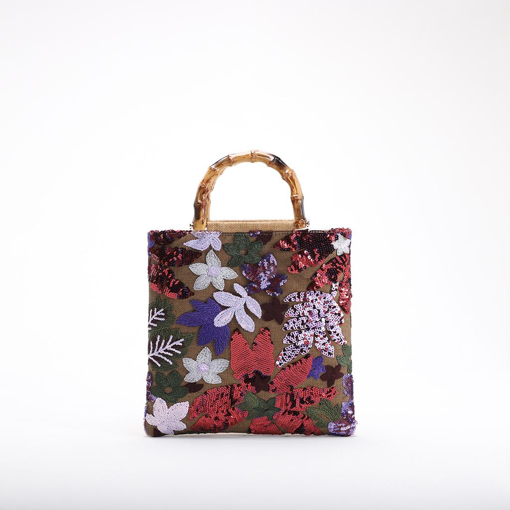Vintage Bamboo Handle Bag Elegant Embroidered Clutch Colorful Sequin  Party Purse for Women