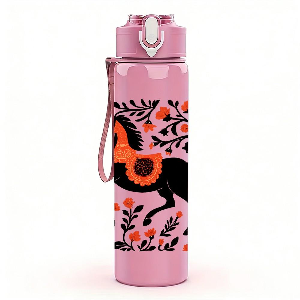 1PC Floral Black Horse Art 750ml Color Plastic Sports Water Bottle Leakproof Flip Straw Lid Suitable for Sports Office Home Use