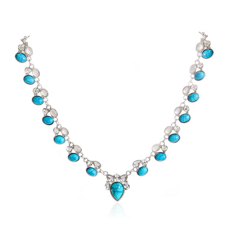 Female Creative Personalized Necklace Alloy Set With Turquoise Fashion Bohemian Style Flower Necklace Pendant Daily Jewelry Gift