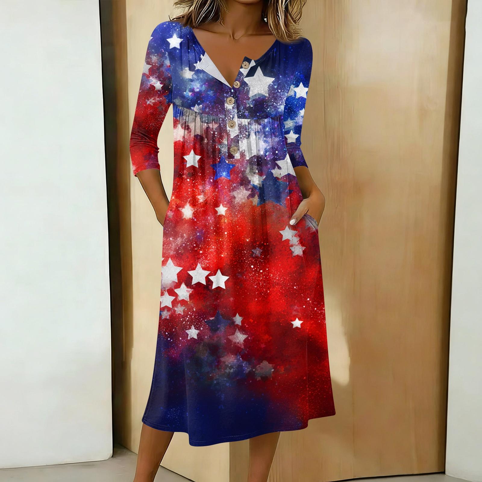 

Women 34 Sleeve Button Neck Printed Midi Dress with Star and Stripe Pattern Casual Loose Fit Design for Daily Wear S