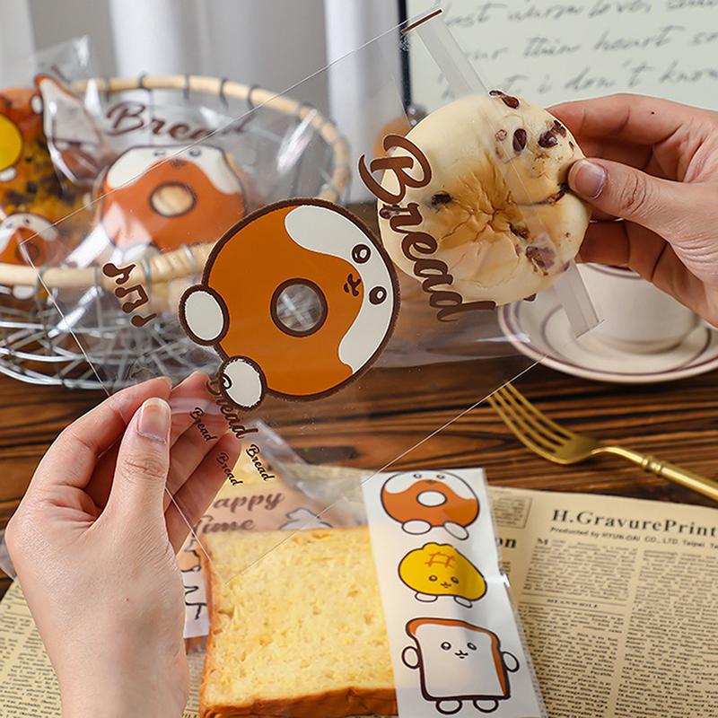 Cartoon Bread Storage Bags Self-Sealing Clear Plastic Packaging Bags For Sliced Bread Donuts Bagels Buns Resealable Bakery