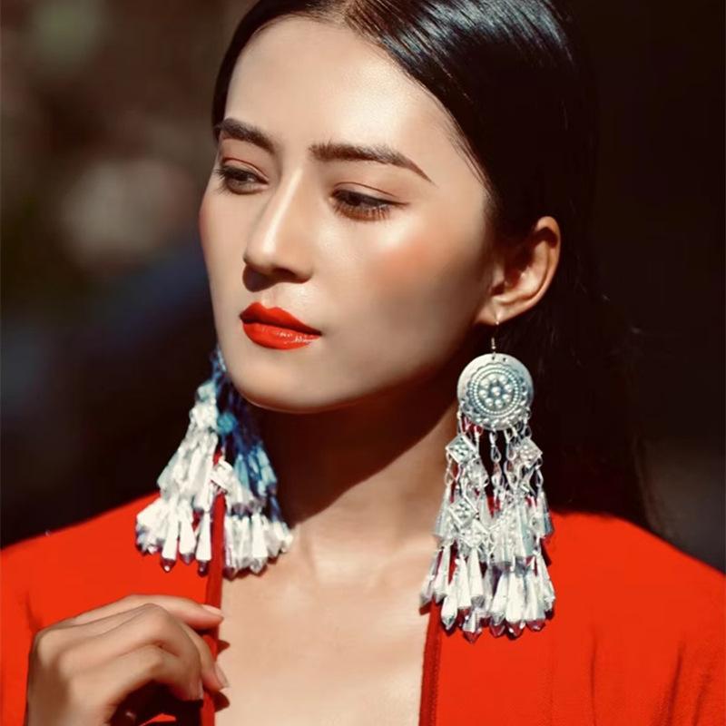 A few long Miao silver fringed earrings Guizhou Miao retro temperament earrings women's niche Yunnan earrings