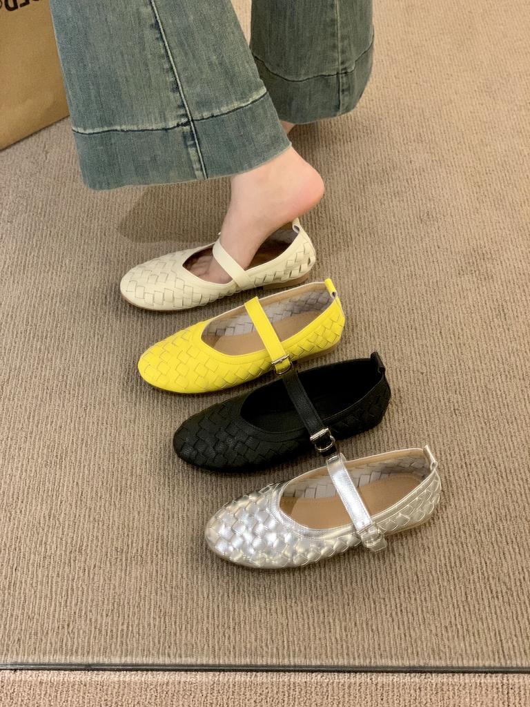 Summer Breathable Weave Mary Jane Shoes Comfort Ballet Flats Strap Buckle Fishnet Design Loafers Women's Flat Shoes Spring New