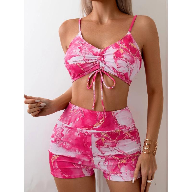 Träger-Bikini 2025 Damen High Waist Badeanzug Tie Dye Kordelzug Bademode Damen Bademode Baden Schwimmen Badeanzug Strandmode