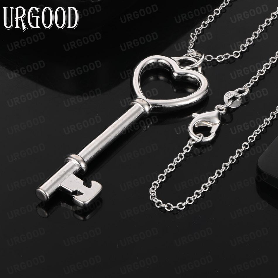 925 Sterling Silver Romantic Heart Key Pendant Necklace - Exquisite Wedding Jewelry 45cm