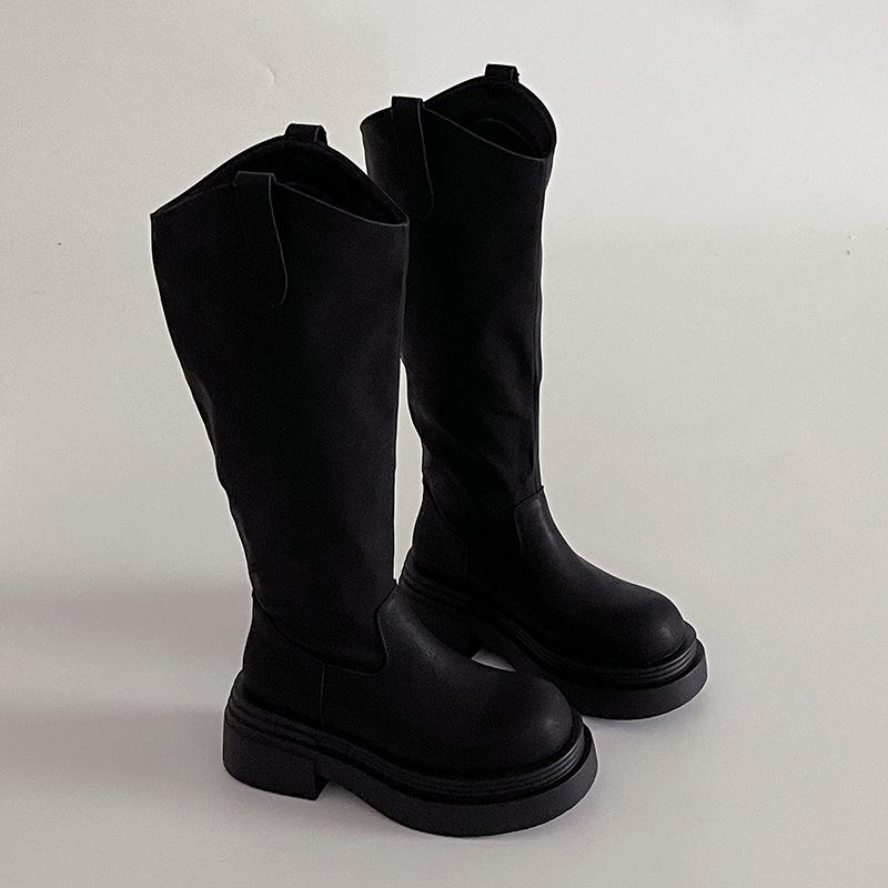 Simple style thick-soled tall knight boots autumn and winter fashion retro style leather heightening elastic boots women's fashion boots