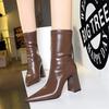 Fashion Fashion Simple Warm Mid-Calf Chunky Block Heels Women Boots Pointed High-Heeled Pu Leather Slimming Boots Autumn Winter