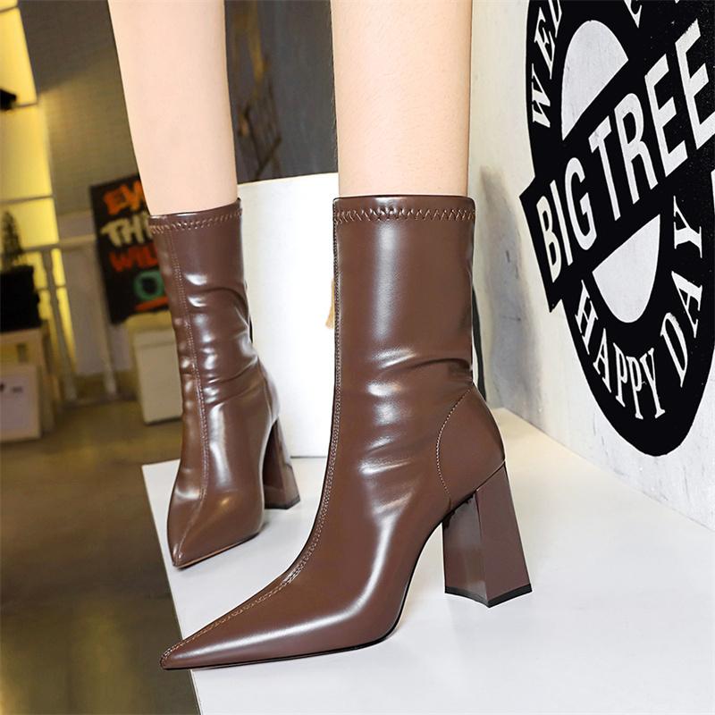 Fashion Fashion Simple Warm Mid-Calf Chunky Block Heels Women Boots Pointed High-Heeled Pu Leather Slimming Boots Autumn Winter