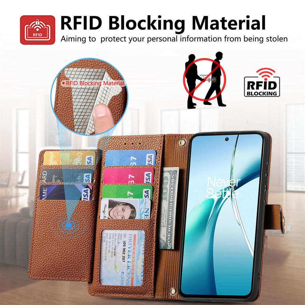 Pro Xiaomi Redmi 15 5G (Globální) (169 mm) Pouzdro Blokování RFID Kapsa na zip Kožená peněženka Kryt na telefon s popruhem