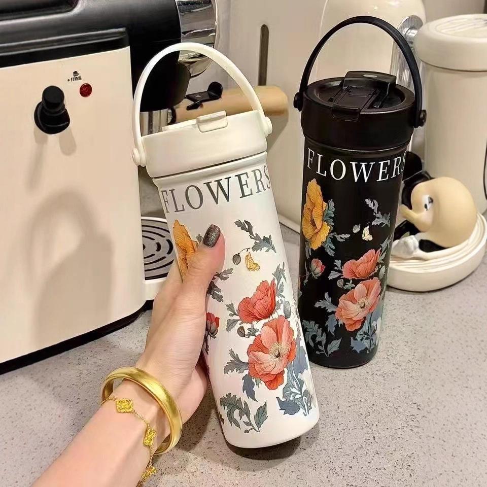 2025 316 Insulated Coffee Cup for Women: Elegant Double Wall Travel Mug with Lily of the Valley Design