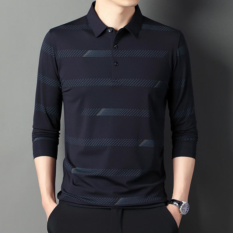 Spring and Autumn Men's Striped Long Sleeve T-Shirts Middle-aged Casual Loose Lapel Polo Shirts Men's Tops
