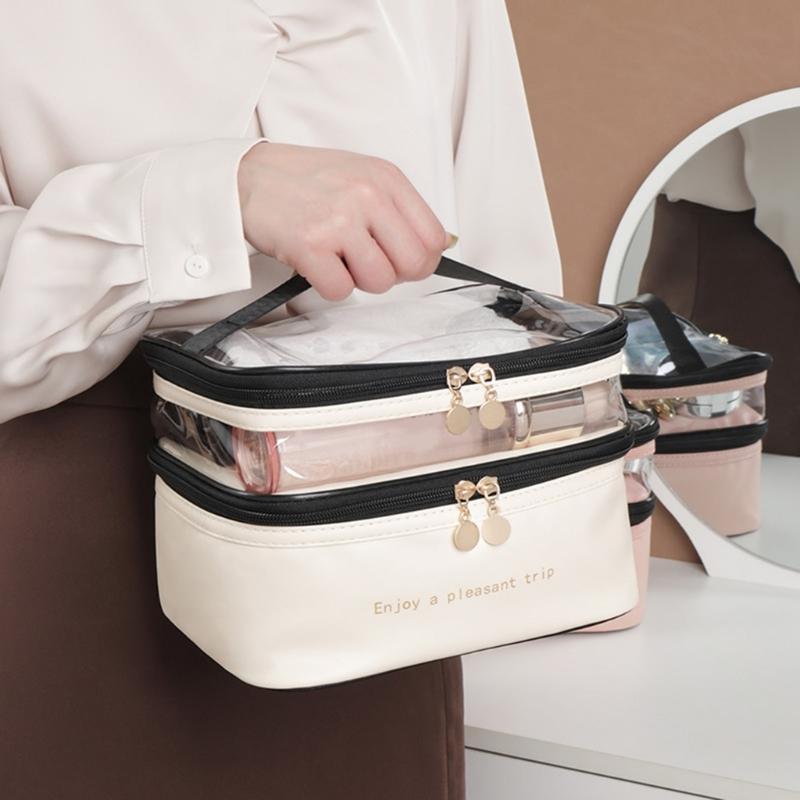 Simple Double Layer Cosmetic Pouches Versatile Makeup Container Bag with Double Layer Designs for Office and Vacation