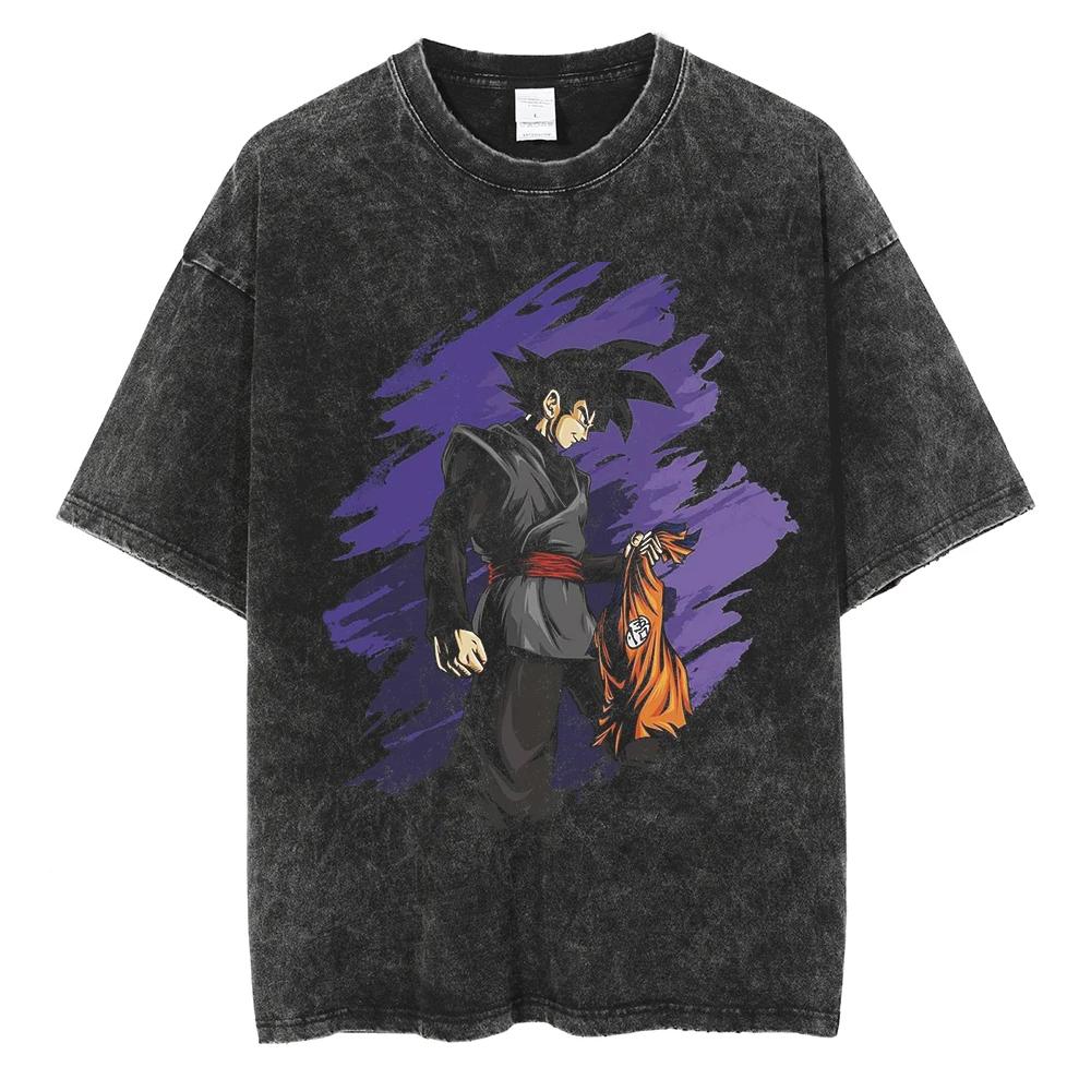 Men Streetwear Hip Hop Oversized T Shirt Dragon Ball Anime Graphic Washed Black T Shirt Loose Tshirt Cotton Harajuku Tops Tees
