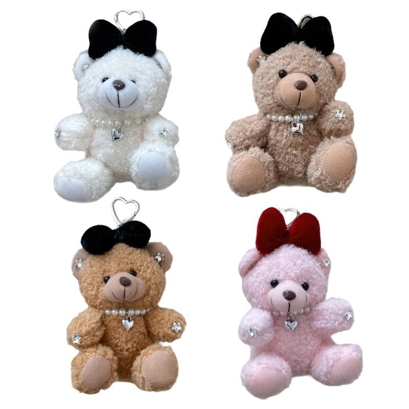 Soft Plush Bear Hanging Ornament Fashionable Soft Bear Keychain with Bowknot Plush Key Accessory for Stylish Bags