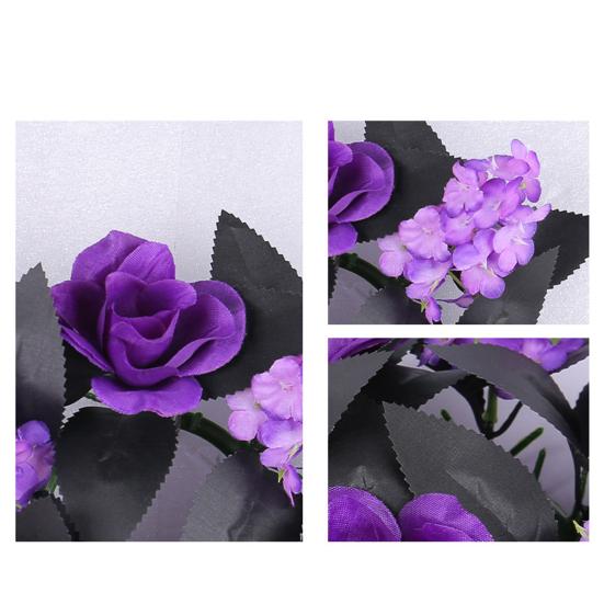 Halloween Candle Rings Wreath Artificial Purple Rose Black Leaves Candle Holder Wreath for Halloween Table Centerpieces