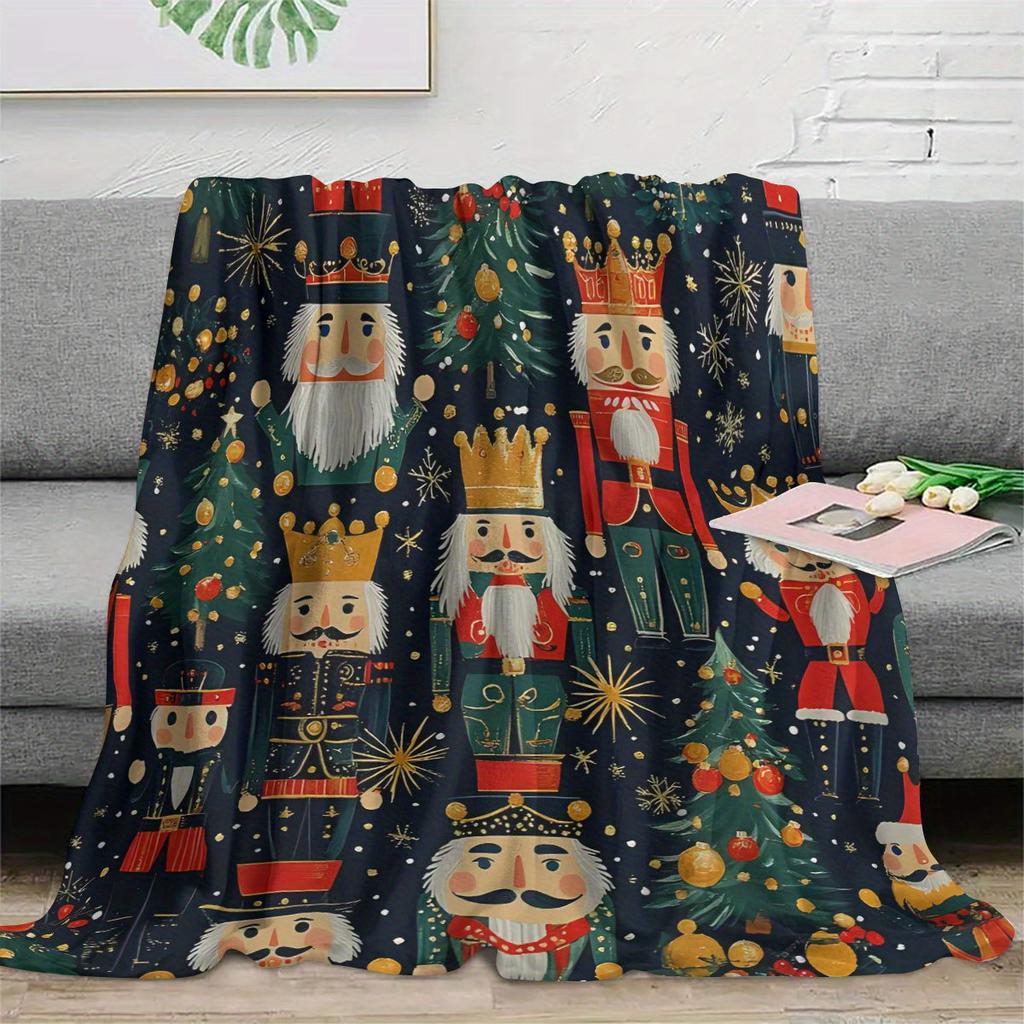 Vintage Nutcracker Flannel Blanket - Soft Polyester Throw for Sofa/Bed, Classic Christmas Decor, All-Season Digital Print Gift