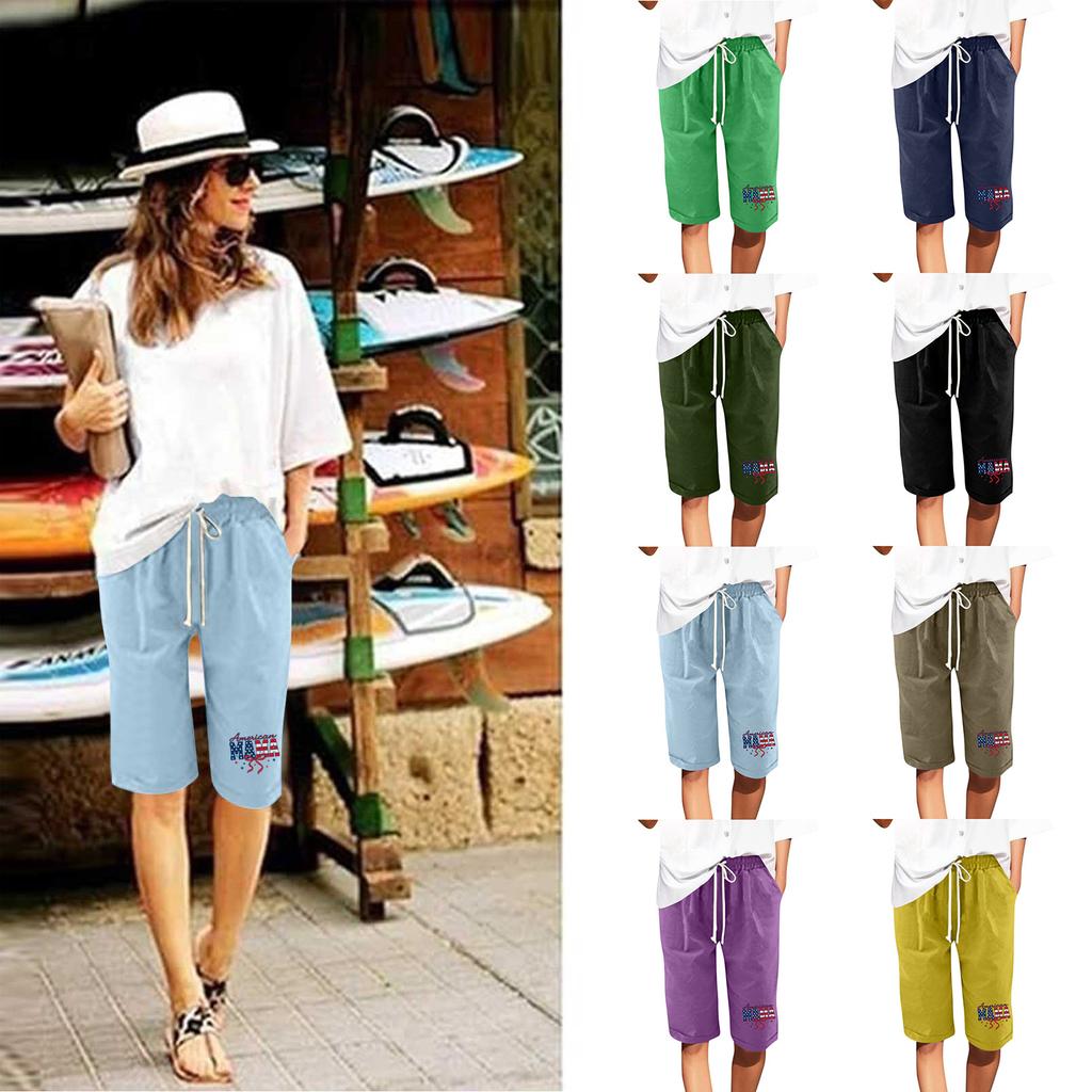 Plus Size Shorts For Women Stretchy Curvy Cotton Linen Drawstring Elastic Waist Bermuda Shorts Casual Beach Clothes